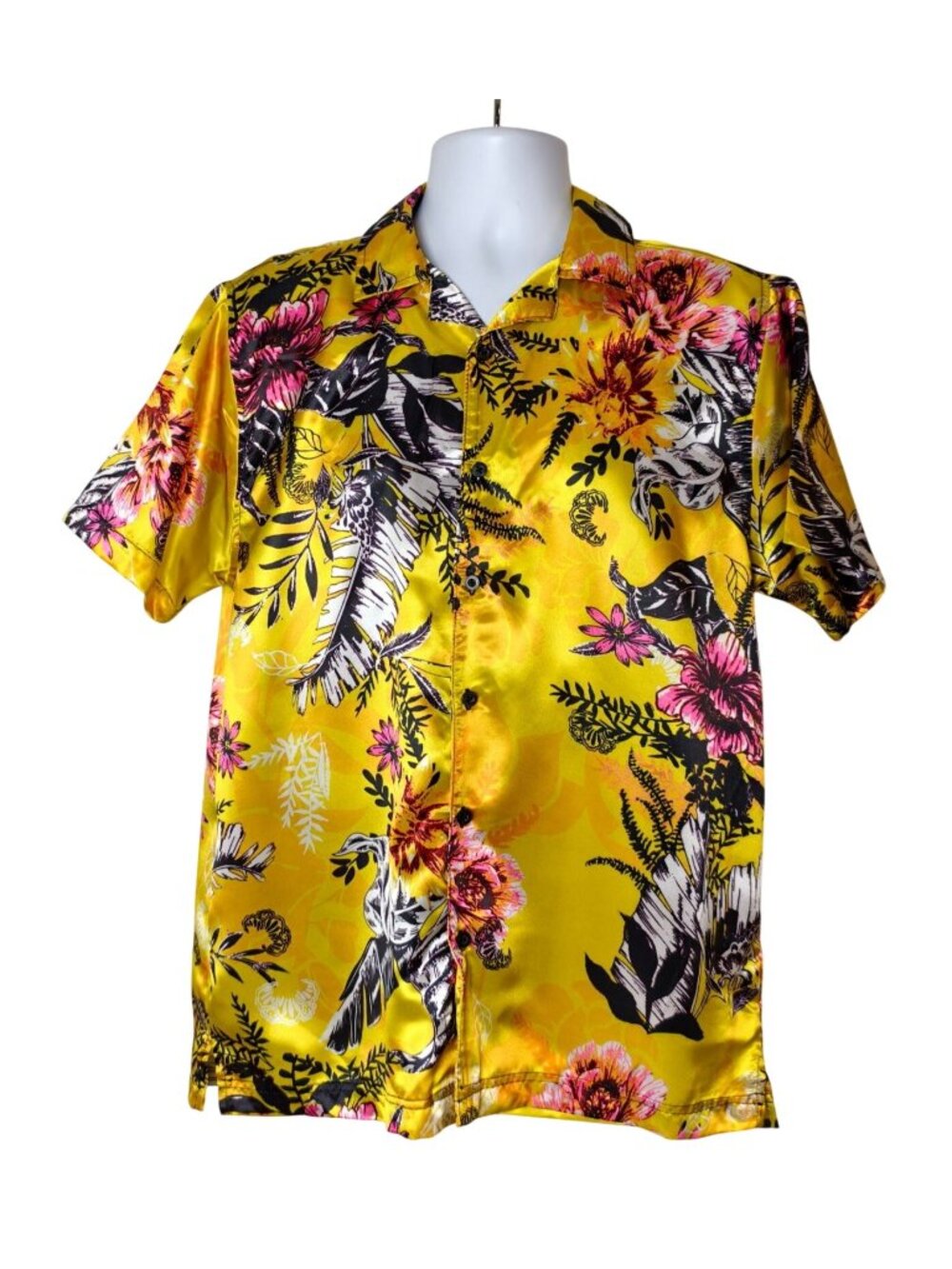 Fresh Prints Mens L Button-Up Shirt Tropical Floral Viscose Yellow Satin